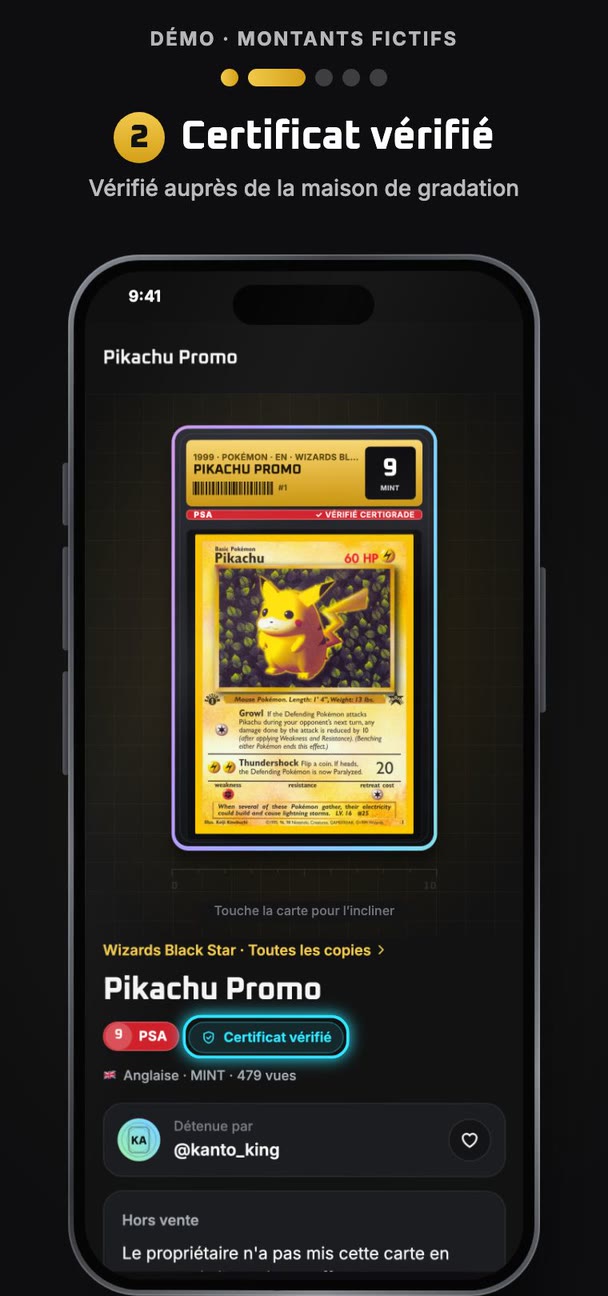 L'app Certigrade dans un iPhone : fiche d'une carte Pikachu Promo PSA 9 avec le badge « Certificat vérifié » (démo).